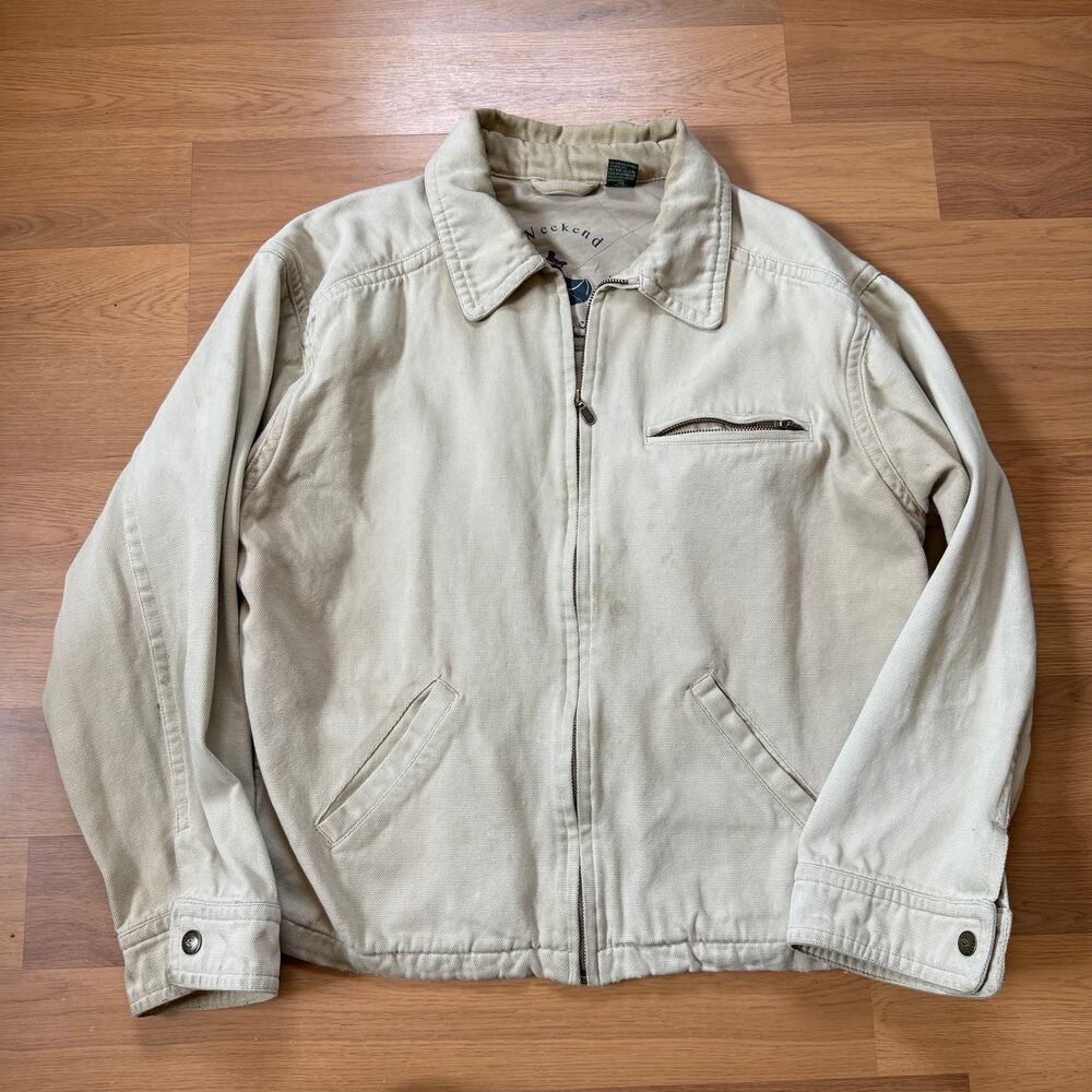 Men's Weekend Tan Beige Canvas Zip Up Crop Work Detroit Style Jacket Sz Large